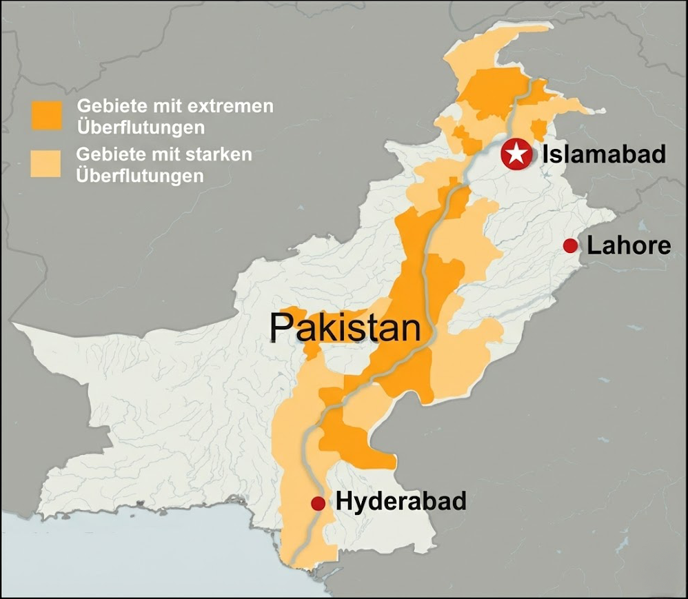 Karte von Pakistan mit markierten Überschwemmungsgebieten und Städten Islamabad, Lahore und Hyderabad.
